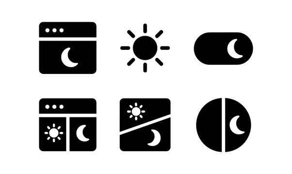 Dark and light mode icon set: day and night symbols in minimalist silhouette style