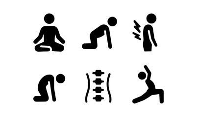 Black icons of yoga and back pain relief exercises featuring spine health