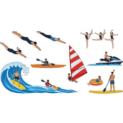 Diverse Water Sports Activities Illustration - Surfing, Diving, Kayaking, and More.