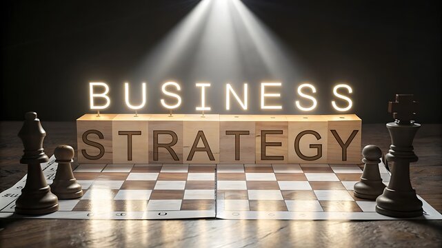 Business strategy illuminated on a chessboard with chess pieces