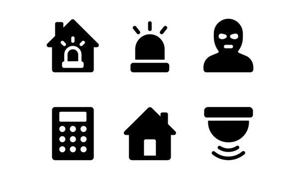Home security icon set: alarm, burglar, camera, safe home elements in black silhouette