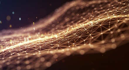 Dynamic golden network of data points and binary code creates a stunning tech visual, perfect for illustrating innovation, connectivity, and futuristic concepts in style