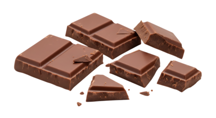 Pieces of milk chocolate bar broken apart isolated on transparent background