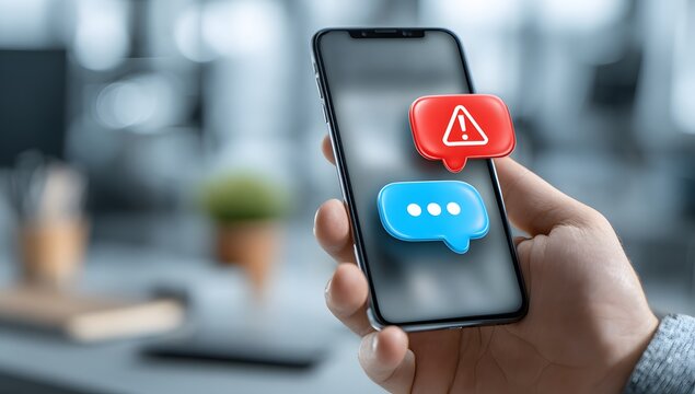 Hand Holding a Smartphone Displaying a Red Warning Alert and Blue Chat Message Bubble. Concept of Mobile Notification, Urgent Communication, Security Alert, and Critical Message

