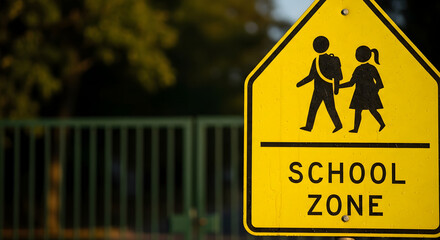 Yellow School Zone traffic sign with children crossing symbol.