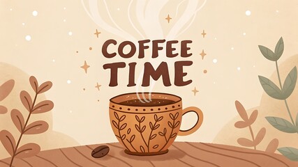 Cozy coffee time with steaming mug and autumnal decor