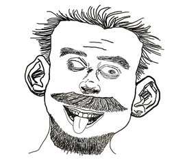 Handmade cartoon man with goofy grin and beard, mustached Man funny bearded wild hair, character with cheeky expression sticking tongue out.