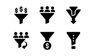 Black funnel icons set for business and marketing concepts
