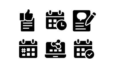 Black silhouette icons for social media and event planning on white background