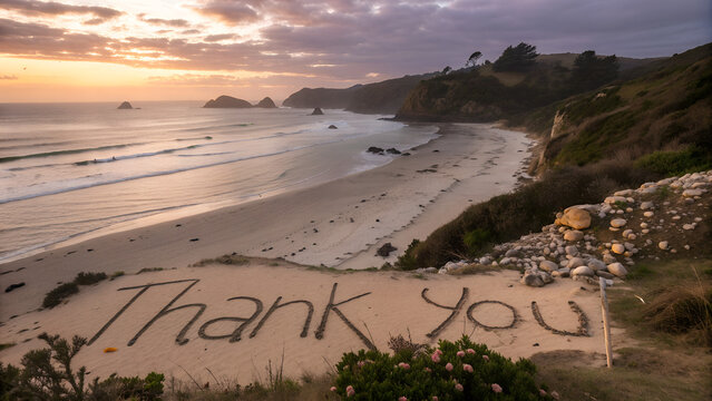 Thank you written on sand beach, gratitude concept