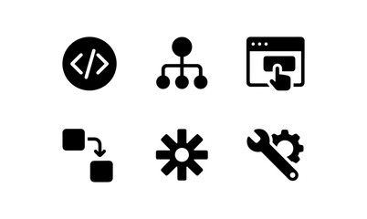Set of black and white icons for web development and workflow management