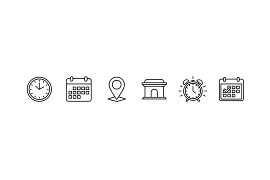 Time management icon set. Linear icons clock, calendar, location pin, landmark, alarm, schedule. Concept of travel planning, deadline, event date, appointment reminder.