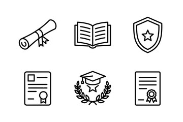Education and graduation line icon set. University diploma and college certificate vector symbols. Learning, knowledge, and achievement award icons for web and mobile design.