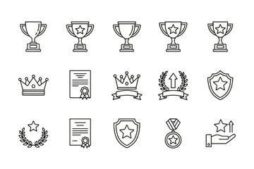 Award success line icons set vector. Trophy, medal, crown, certificate, shield, laurel wreath. Outline symbols for victory, prize, recognition, achievement, champion, winner.