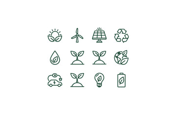 Ecology icon set. Green energy, environment, and sustainability concepts. Vector line icons for solar panel, wind turbine, recycle, plant, electric car. Renewable resources.
