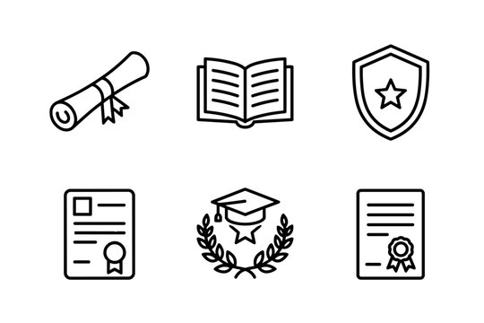 Education and graduation line icon set. University diploma and college certificate vector symbols. Learning, knowledge, and achievement award icons for web and mobile design.