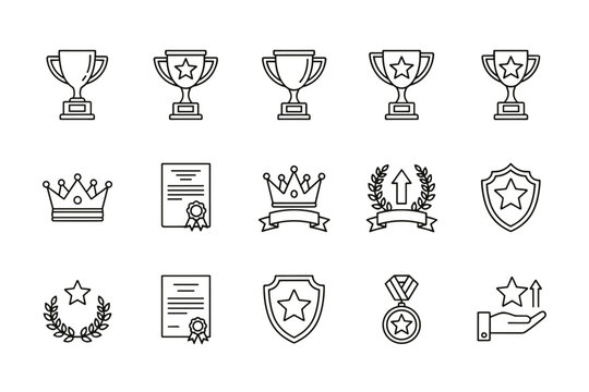 Award success line icons set vector. Trophy, medal, crown, certificate, shield, laurel wreath. Outline symbols for victory, prize, recognition, achievement, champion, winner.