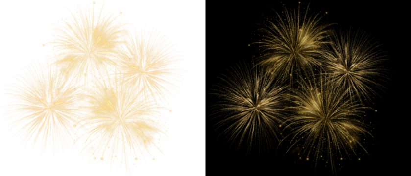 Glowing fireworks and sparkling light burst on transparent background. Realistic PNG overlay perfect for New Year, wedding, or holiday celebration designs.