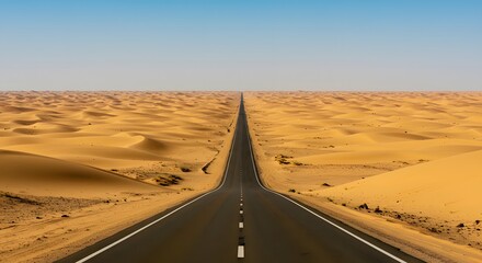 A desert road stretching endlessly through golden dunes