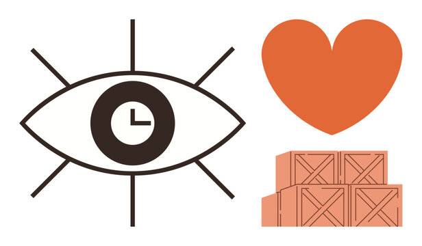Eye with clock symbolizing time management, heart for care, and stacked crates for organization and logistics. Ideal for planning, empathy, productivity, efficiency, warehousing, strategy simple