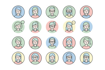 Diverse people avatar collection. User profile icons set. Modern flat line art character illustrations for team, community, or social media. Headshot portraits.