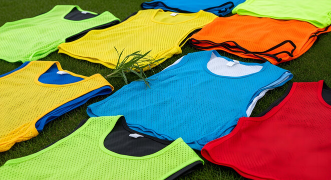 Colorful sports training bibs for team practice on a green grass field. - Powered by Adobe