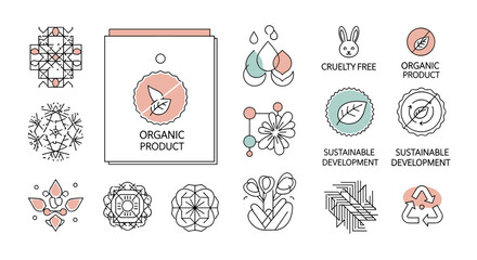 Eco friendly icon set for organic products and sustainable development. Cruelty free, natural, vegan food and cosmetics logos. Vector line art symbols for green business.