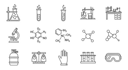 Chemistry lab research line icons set. Science experiment equipment collection. Vector symbols of flask, test tube, microscope, molecule, formula, goggles, scales for education.