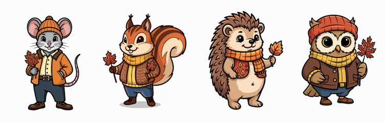Naklejka premium Adorable woodland animals in autumn clothes holding colorful leaves including mouse, squirrel, hedgehog, and owl.