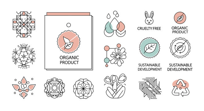 Eco friendly icon set for organic products and sustainable development. Cruelty free, natural, vegan food and cosmetics logos. Vector line art symbols for green business.