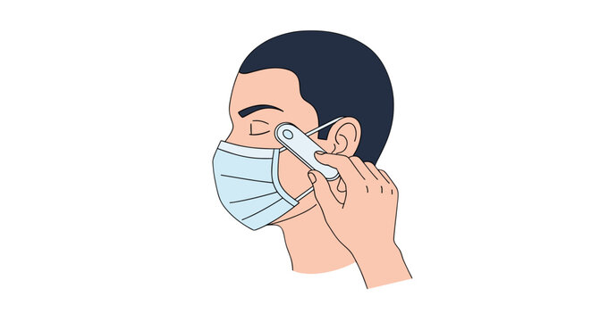 Man in face mask measures temperature with a non-contact digital thermometer. Health screening, fever check, disease prevention, and safety measures during a pandemic concept.