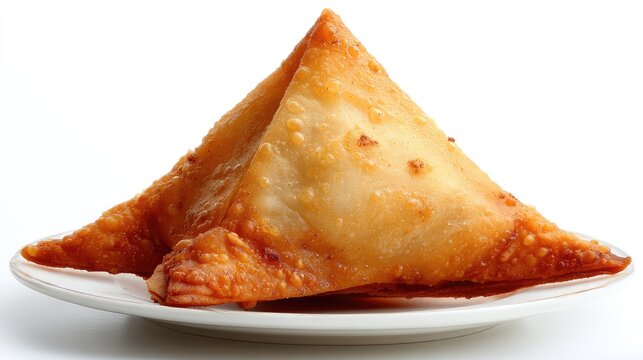 Photo of a samosa on a plate, against a white background