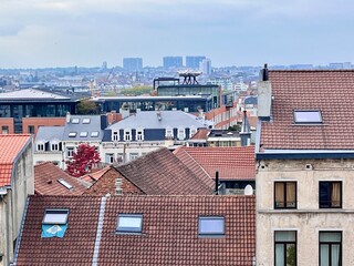 Panoramic city view of Brussels under cloudy autumn sky. Beautiful skyline with red rooftops....
