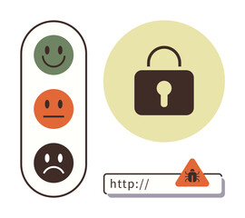 Lock symbol for security, three mood icons for user trust, and bug warning in web address bar. Ideal for cybersecurity, user trust, internet safety, data protection, digital risk, warning simple