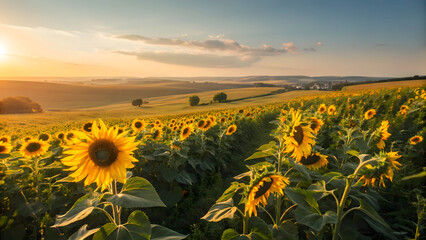 Golden hour sunflowers blooming in a vast field under a cloudy sky