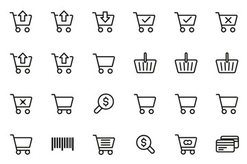 Shopping cart icon set vector collection with various shopping basket and cart symbols, ecommerce, online store, checkout, payment, buy, sell, price, barcode, credit cards, retail, marketing