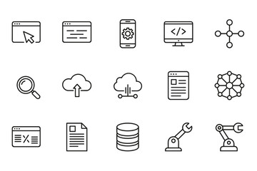 Software line icon set with outline style, technology symbols for coding, programming, cloud computing, database, data analysis, network, mobile settings, and robotic arms design collection