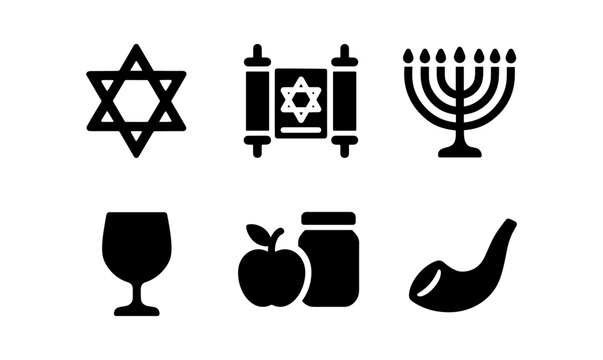 Jewish symbols collection: star, torah, menorah, shofar, apple, wine glass