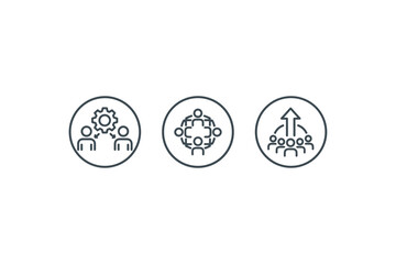 Teamwork collaboration icon set with diverse group, connected people icons, business partnership, leadership growth and team success symbols in line art design