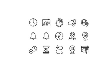 Time, date, and location line icon set with calendar, clock, stopwatch, compass, map pins, notifications, and navigation symbols for web and mobile design