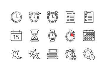 Time and schedule icon set with alarm clock, timer, stopwatch, calendar, hourglass, night and day symbols, productivity and time management concept, line art vector