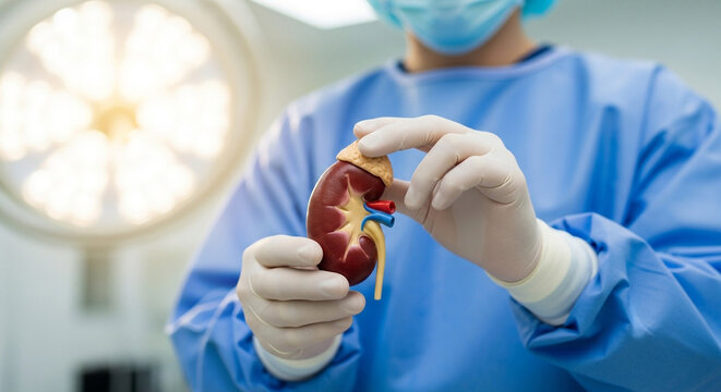 Surgeon holding kidney model in operating room, preparing for transplant surgery with advanced medical technology and expertise for life saving procedure