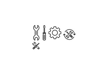 Tools and Service Icons Set with Wrench, Screwdriver, Gear, and Repair Symbols. Vector Outline Illustrations for Maintenance, Repair, Engineering, and Technical Support Concepts