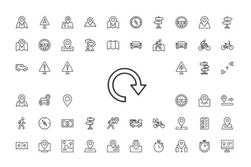 Navigation and direction icons line set including map pins, road signs, compass, walking and cycling symbols, car and timer glyphs, location markers for travel and transport vector