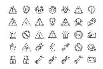 Warning Icon Set Including Alert Symbols, Caution Signs, Hazard and Safety Warnings, Protection Shields, Prohibition, Security Locks, Chains, Tools, and Emergency Alerts for Safety and Industrial Use