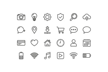 Thin line vector mini icon set with essential minimalist digital, communication, social media, technology, and interface symbols including camera, light bulb, shopping cart, battery, and WiFi icons