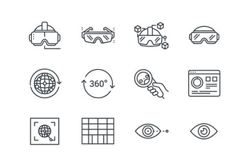 Virtual reality line icon set with editable VR headset, augmented reality glasses, 360 degree globe, digital eye scan, magnifying glass, data analytics, interface, and visualization tools vector