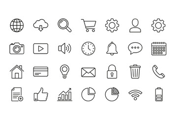Comprehensive Website and Web Icon Set Vector Collection with Search, Shopping Cart, Home, Lock, WiFi, Battery, Chat, Calendar, Camera, Graph, Mail, Phone, Settings, and More for Digital Design