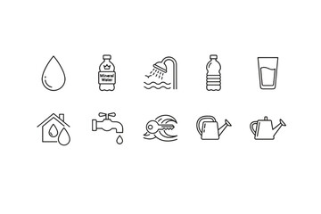 Water icons set with mineral water bottle, dripping tap, home water concept, showerhead, glass of water, and watering cans line art collection for real estate and hydration