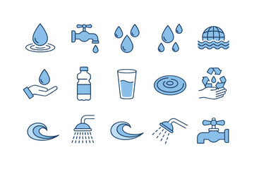 Water icons set with drops, faucet, glass, bottle, recycling symbol, waves, and shower. Vector illustration of water conservation, hydration, environmental protection, and water cycle concept